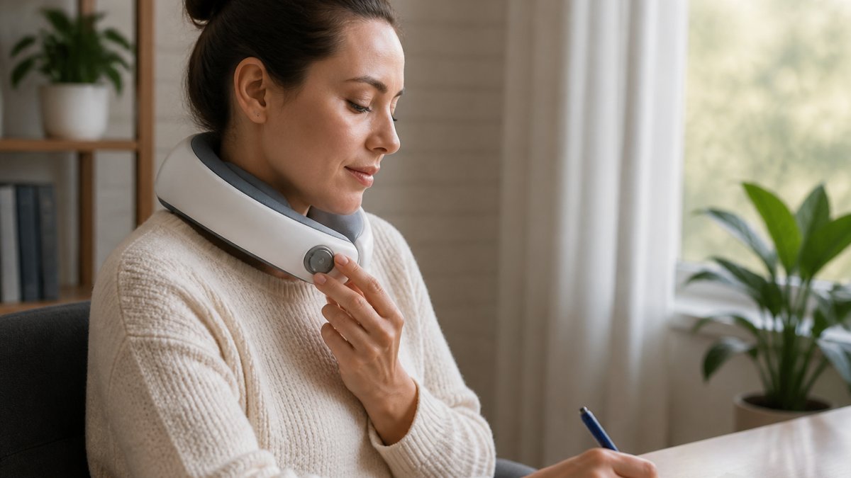 Close-up of a person adjusting the intensity dial on a cordless neck massager while sitting at a desk, soft daylight through a window, calm expression