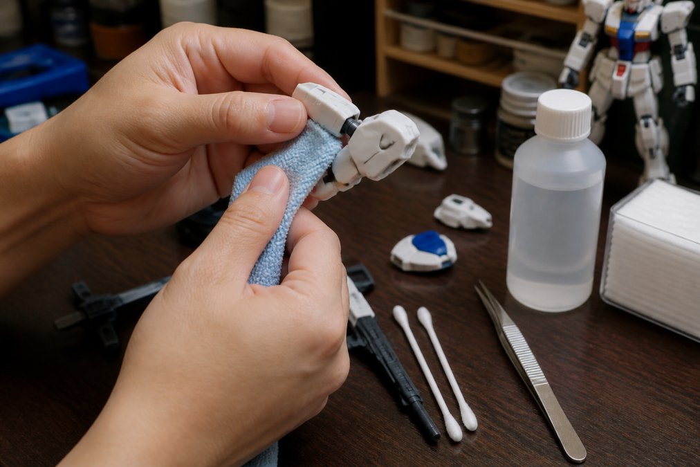 Close-up of a hobbyist's hands in a well-lit workshop carefully wiping a white Gundam model kit part with a soft microfiber cloth and isopropyl alcohol, with tweezers and cotton swabs arranged on the desk nearby