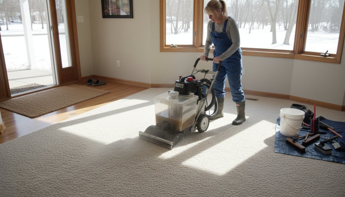 A homeowner vacuuming a clean light-colored carpet in a bright Wisconsin home interior, using an upright vacuum cleaner in a high-traffic hallway, morning light coming through a side window illuminating the carpet pile