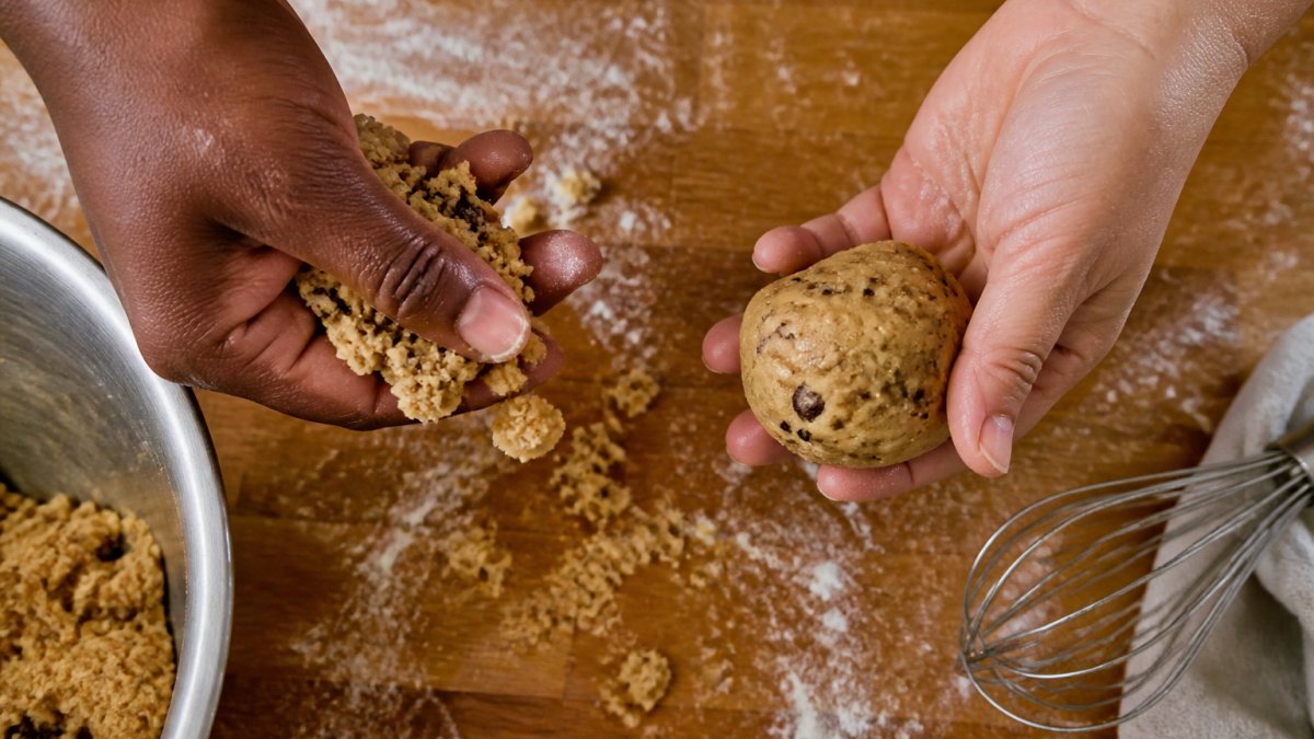 Close-up overhead of two hands, one Black, one white, side by side squeezing small balls of cookie dough on a flour-dusted wooden counter; the left dough crumbles into pieces, the right holds a clean shape. Natural window light, crumbs visible, realistic skin texture, candid.