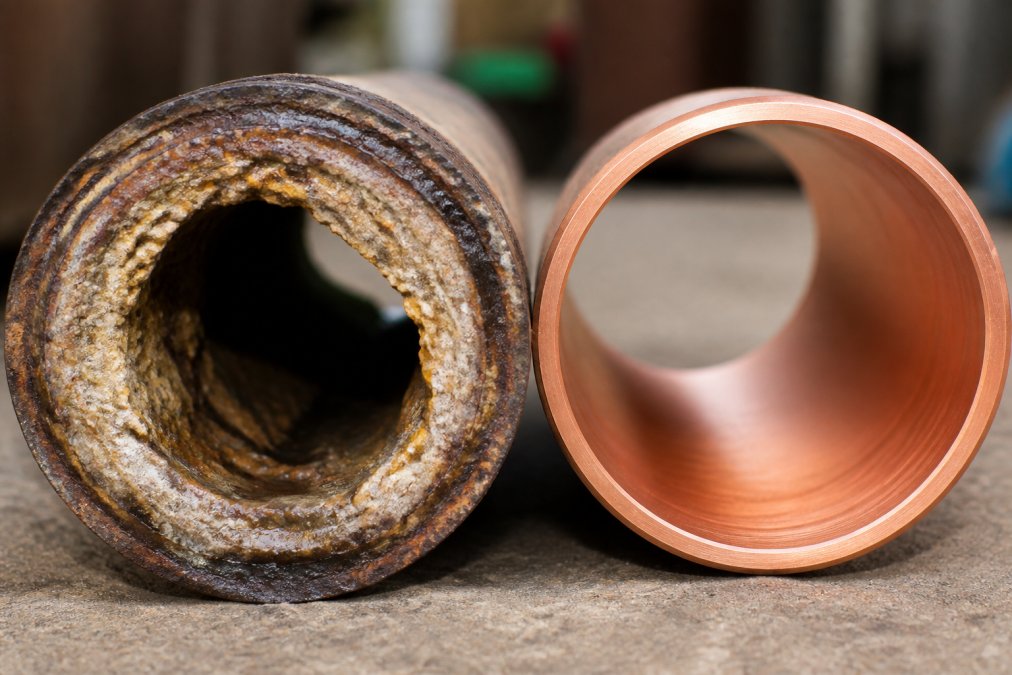 Close-up of corroded interior pipe cross-section showing mineral deposits and discoloration layered over decades, contrasted with a clean new copper pipe section