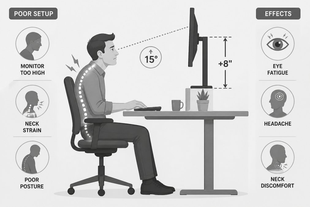 Person working at desk with poor ergonomics, monitor positioned too high, harsh overhead lighting creating glare on screen, showing neck strain and squinting