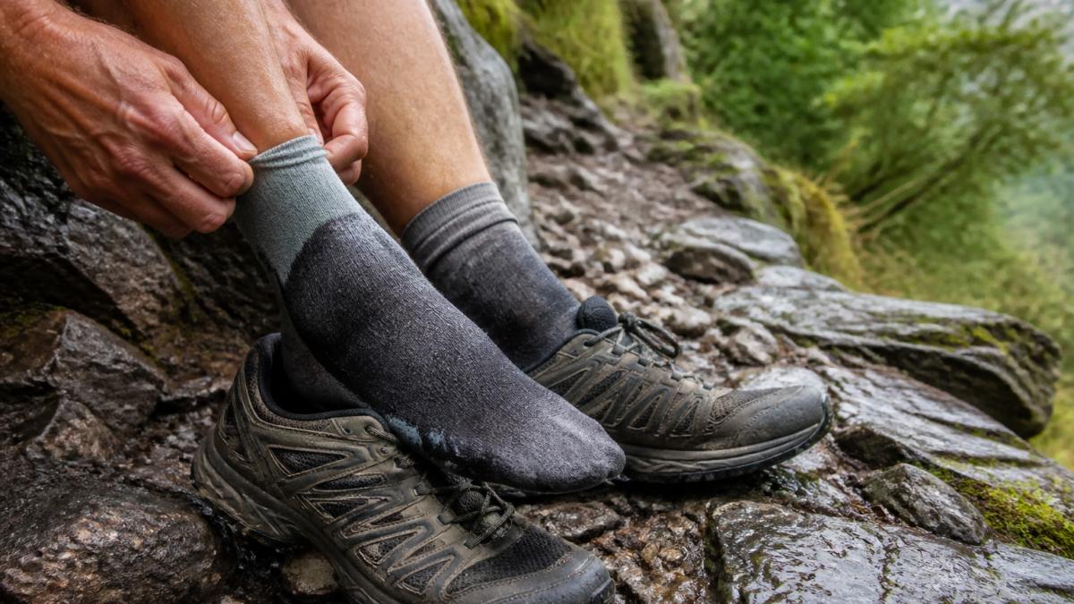 Trail runner sitting on a rocky path with damp moisture-wicking socks and athletic shoes