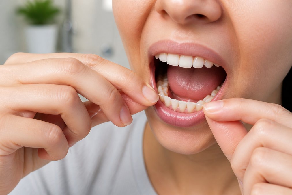 Close-up of hands demonstrating proper gentle C-shaped flossing technique between lower teeth, showing correct finger positioning and angle with natural clinical lighting