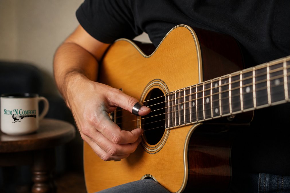 Close-up of a guitarist's right hand hovering over acoustic guitar strings with a relaxed wrist in a naturally curved position, thumb resting lightly, warm studio lighting illuminating the picking posture