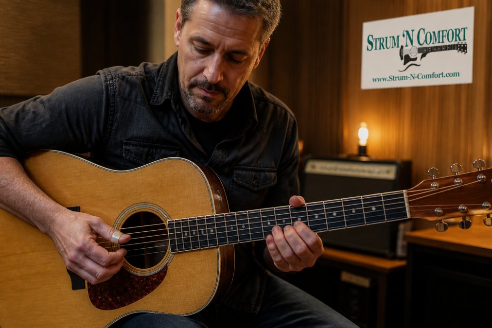 A guitarist's right hand wearing a Crossover thumb pick on an acoustic guitar in a warm studio setting, the hand transitioning naturally between a fingerstyle position and a flat-pick stroke, soft ambient lighting highlighting the relaxed thumb position