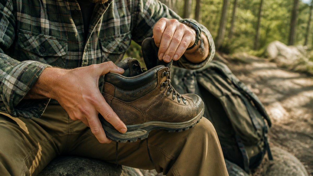 A hiker sitting on a trailside rock, holding a leather hiking boot up close and pressing the tongue and heel area with both hands, examining the boot in natural daylight with a backpack and wooded trail in the background