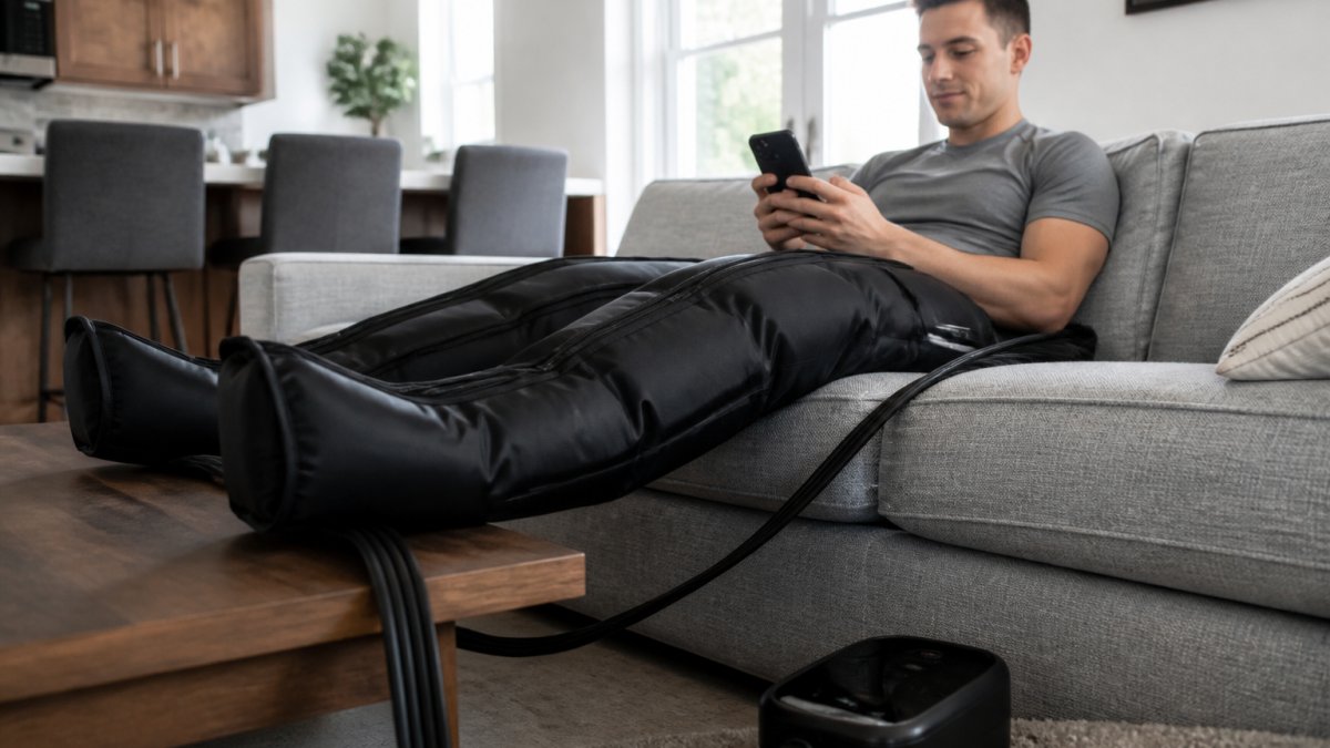 Person relaxing on a couch while using full-leg compression boots for recovery in a bright living room.