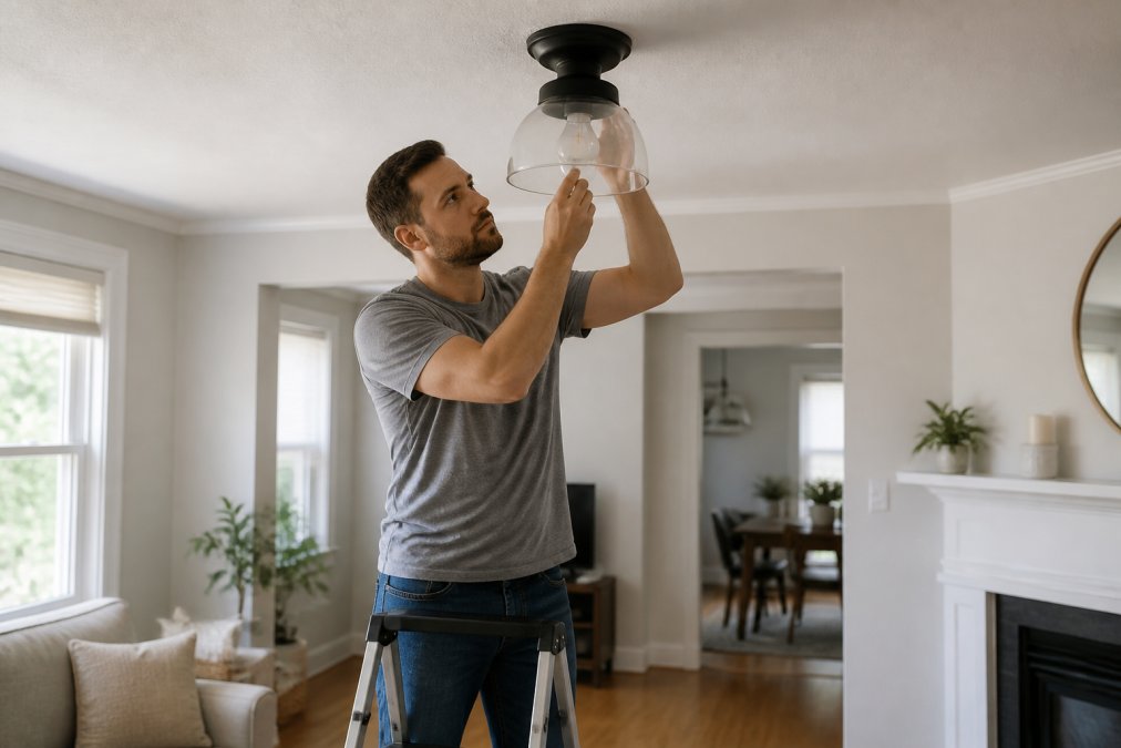 Homeowner standing on a step stool inspecting a ceiling fixture while lights flicker