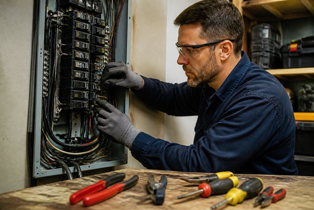 Close-up of a licensed electrician in safety gloves carefully inspecting wire connections inside an open residential electrical panel, with insulated tools laid out on a nearby workbench under bright workshop lighting