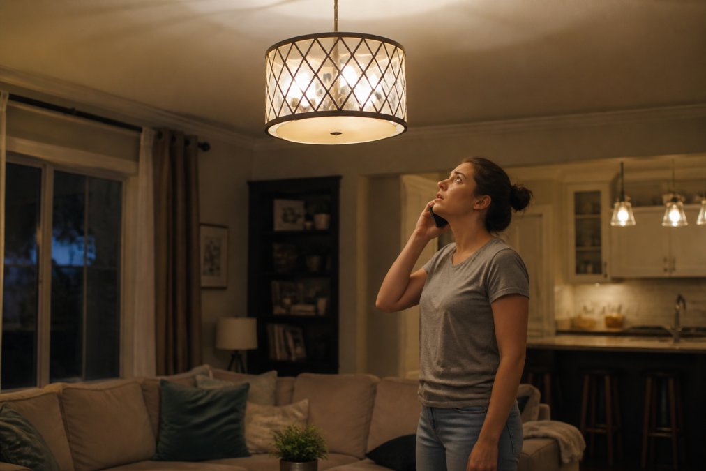 A homeowner standing in a modern living room, looking up with concern at a flickering overhead light fixture, holding a phone to their ear, warm evening lighting casting soft shadows