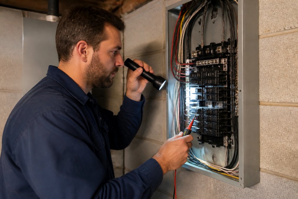 A licensed electrician in a navy work uniform inspecting an open residential electrical panel with a handheld flashlight and voltage tester, standing in a utility room with concrete block walls