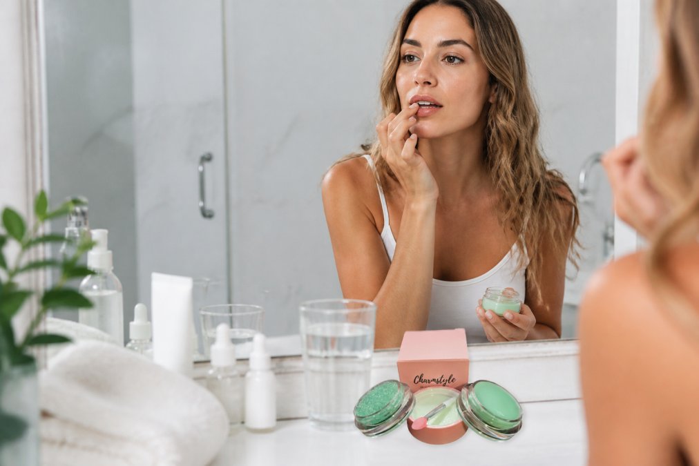 Person applying lip balm with a water glass and hydration-focused skincare items on a clean bathroom counter, natural morning light streaming across the surface