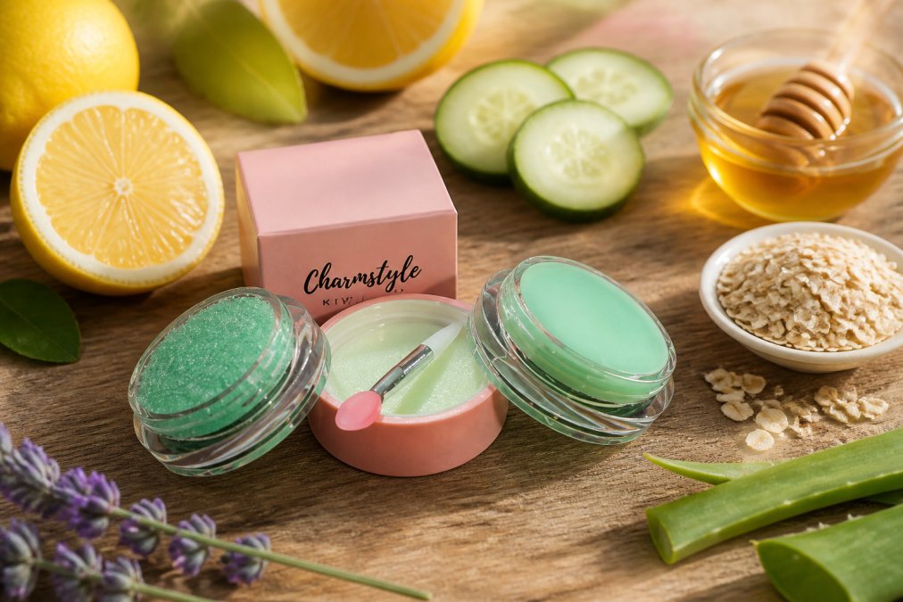 Flat lay of lip care products including scrubs and balms arranged on a natural wood surface with fresh citrus and moisturizing ingredients nearby, soft natural lighting