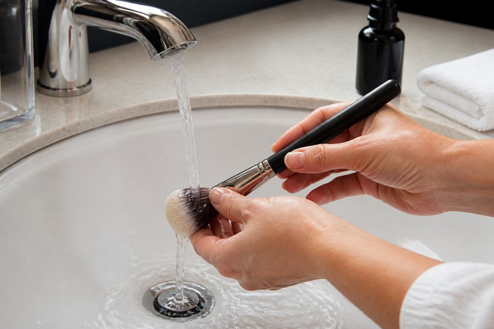 Close-up of hands gently washing a fluffy makeup brush under a stream of cool water over a white ceramic sink, with a small bottle of brush cleanser and a neatly folded white towel resting on the counter nearby