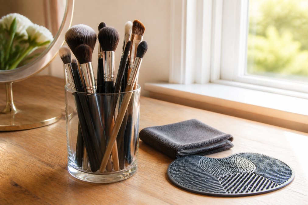 A neat collection of makeup brushes stored bristles-up in a clear glass holder on a wooden vanity table, with a folded microfibre cloth and a silicone brush cleaning mat placed neatly beside them, warm natural light coming from a nearby window