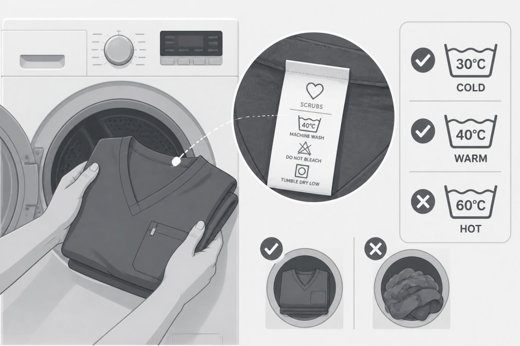 Close-up of hands loading medical scrubs into a washing machine, showing proper garment placement and a care label visible on the fabric with temperature recommendations