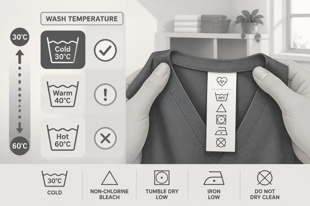 Hands holding a scrub garment with the care label clearly visible, showing temperature symbols and washing instructions in a modern laundry room setting with natural light