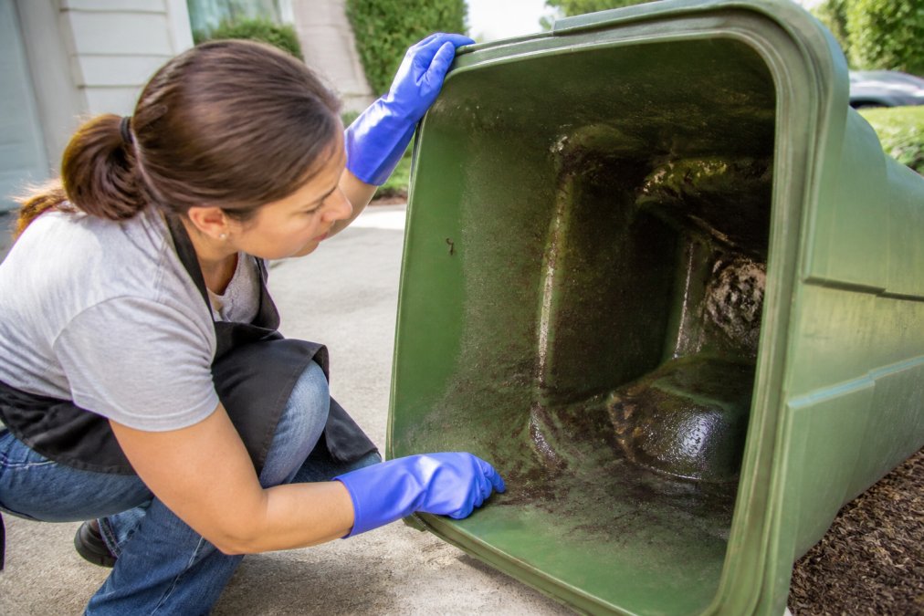 Close-up of a homeowner in gloves and apron inspecting the inside bottom of a green outdoor trash bin on a driveway, with visible grime and residue on the plastic surface, natural daylight