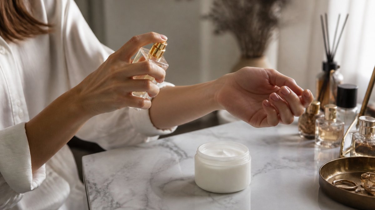 Close-up of a person applying perfume to their inner wrist in a softly lit room, with a small bottle of unscented moisturizer nearby on a marble surface