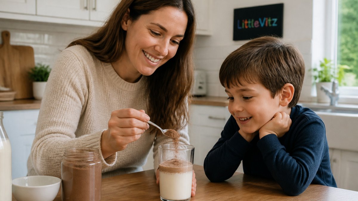 Step-by-step process of mixing nutritional powder into milk for a child at a kitchen table