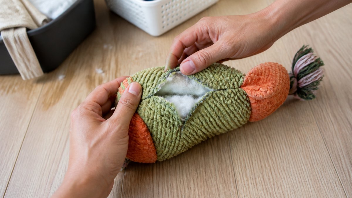 Close-up of a dog toy with a visible torn seam and exposed stuffing on a wooden floor, a pair of hands inspecting the damage under soft daylight