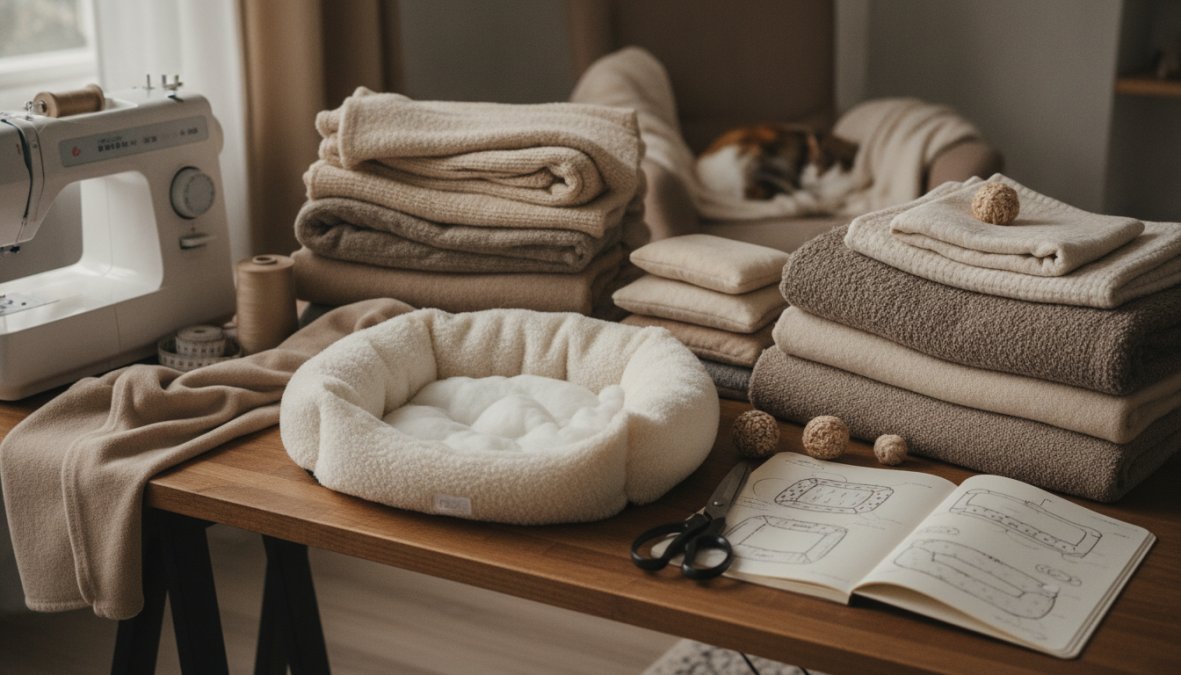 Pet resting comfortably on soft blankets in a quiet, dimly lit recovery space with warm bedding and gentle natural light from a window