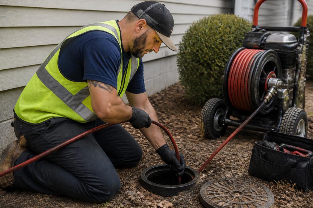 Licensed plumber in safety vest operating professional hydro-jetting equipment on a residential sewer cleanout, with pressurized hose extended into the ground access point and diagnostic equipment visible nearby