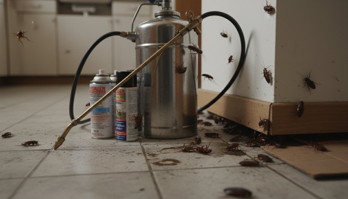 Close-up photograph of a pest control technician in full uniform crouching at the baseboard of a residential kitchen, applying residual spray with a professional wand applicator, bright overhead kitchen lighting illuminating the work area