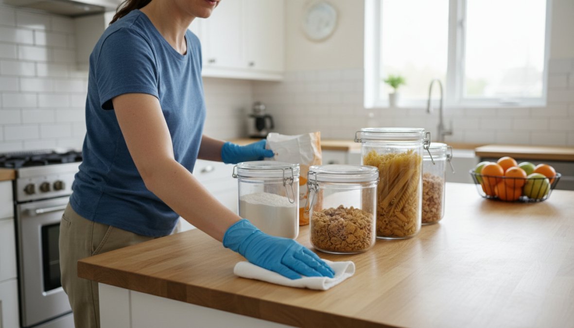 A homeowner wearing yellow rubber gloves wiping down kitchen countertops and placing dry goods into clear airtight containers on a bright, clean kitchen counter after a pest control visit, natural daylight from a nearby window
