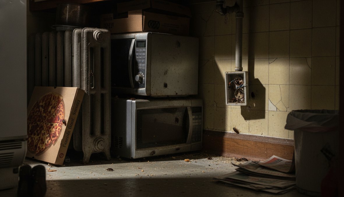 Close-up view of common cockroach harborage areas in a kitchen, dark shadows under sink pipes, cracks behind baseboards, and interior cabinet gaps with visible water droplets and grease residue