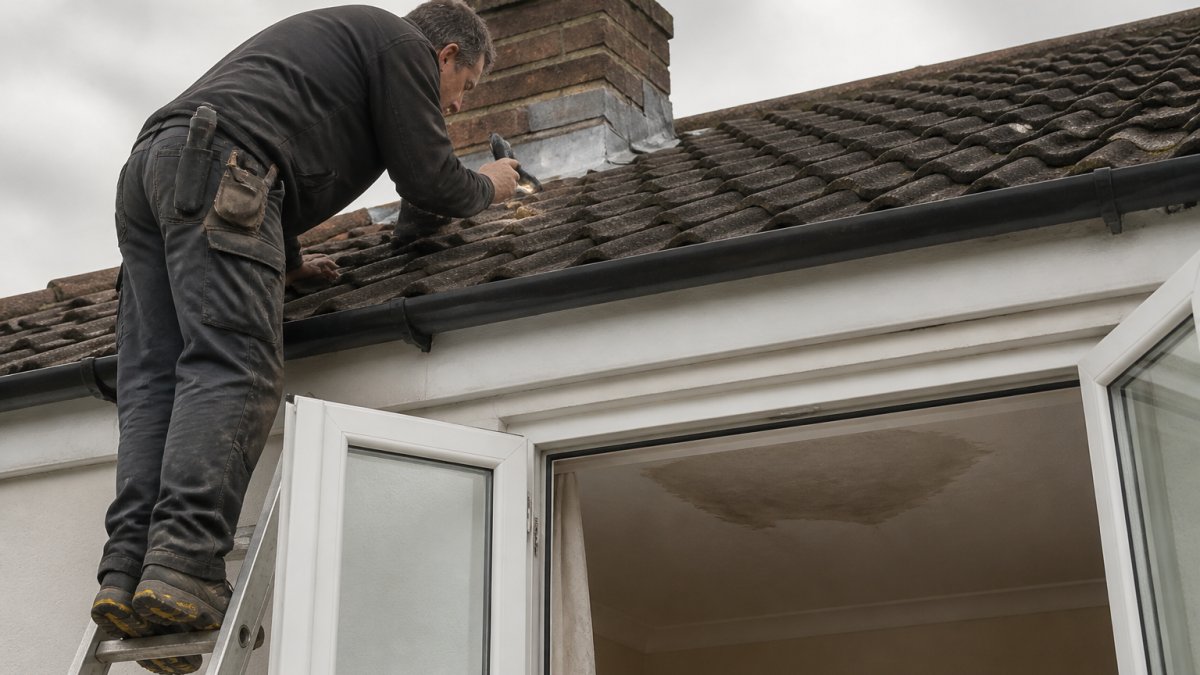 A roofer on a ladder at the edge of a tiled roof in overcast weather, examining flashing around a chimney with a torch, damp patch visible on the ceiling below through an open window