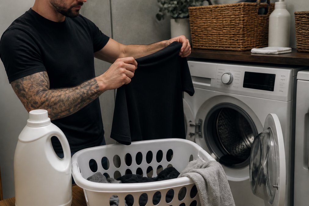 Person turning a t-shirt inside out to protect screen printed graphics before washing in a laundry room