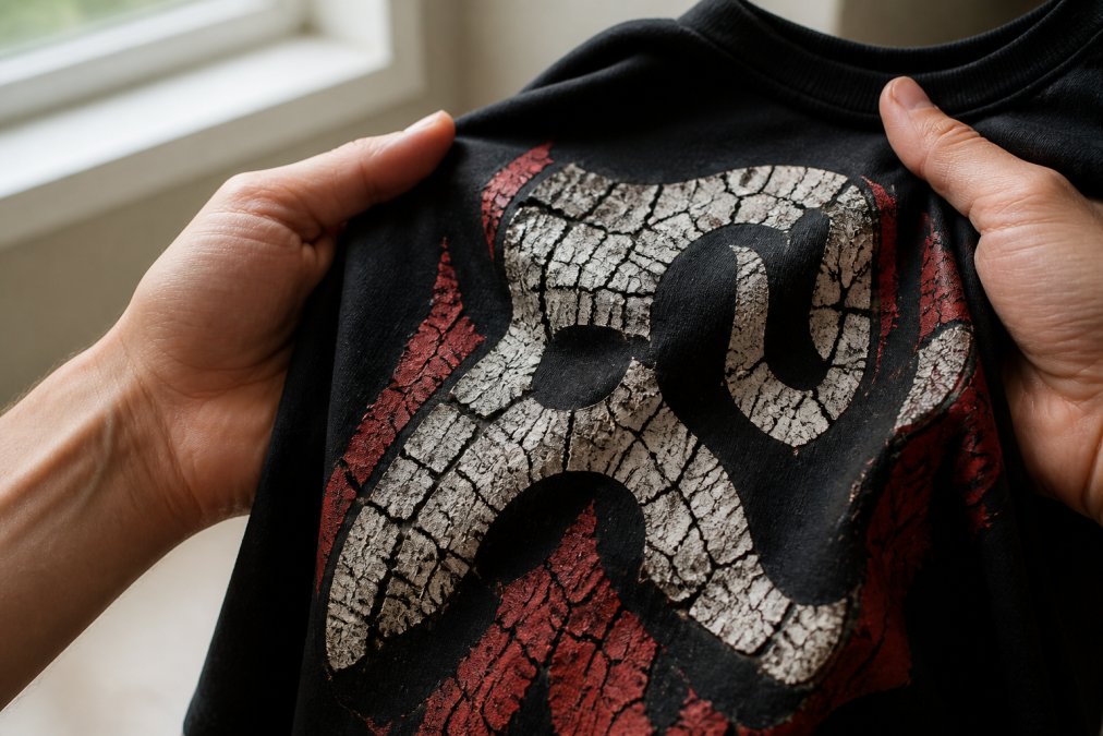 Close-up of hands holding a black graphic t-shirt, showing the textured, cracked ink design on the chest up close, with visible spiderweb lines and fabric showing through, shot in soft natural window light