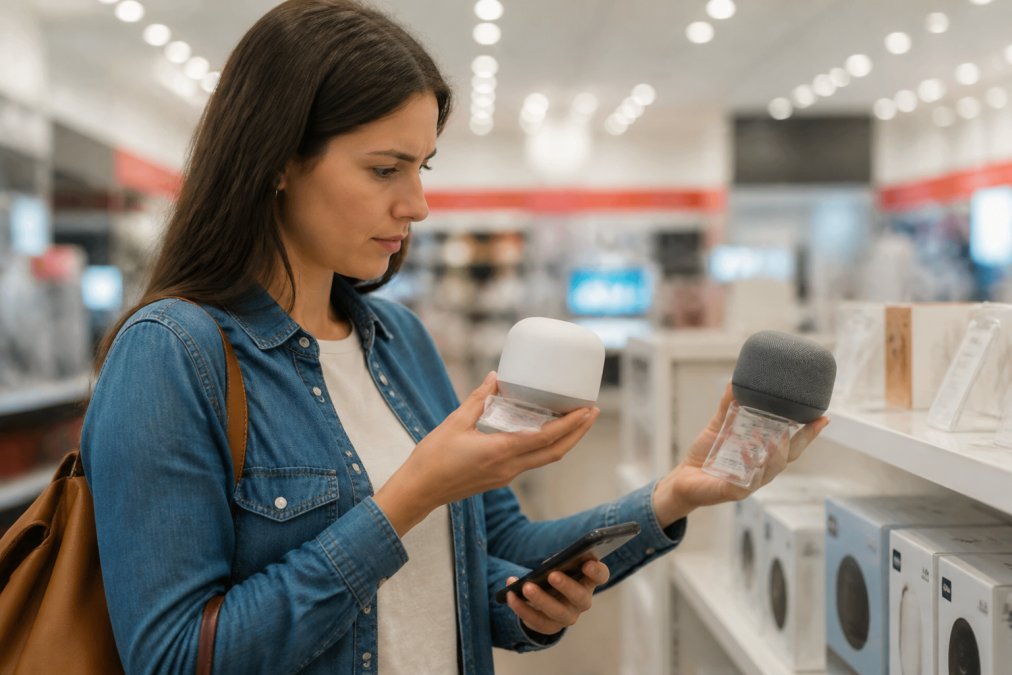 A shopper in a brightly lit electronics store holding two smart home hubs, comparing price tags while a smartphone with a product page open rests in their other hand