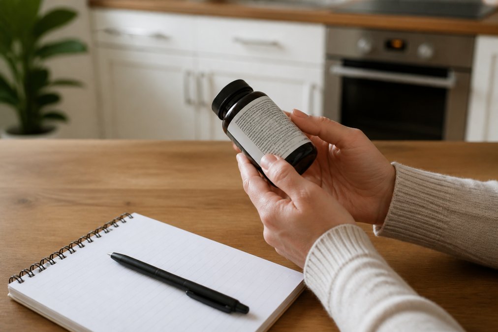 Close-up of a person's hands holding a supplement bottle and turning it to read the ingredient label, with a notepad and pen on a kitchen table beside them