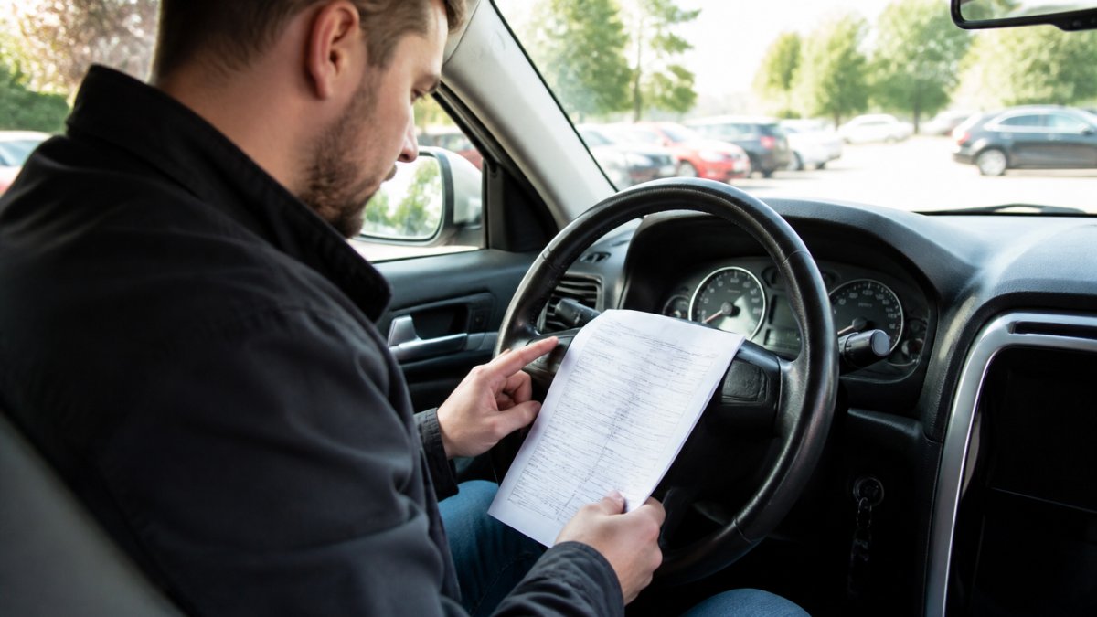 Customer sitting in used vehicle's driver seat, examining the odometer and dashboard with paperwork visible on steering wheel, natural daylight through window