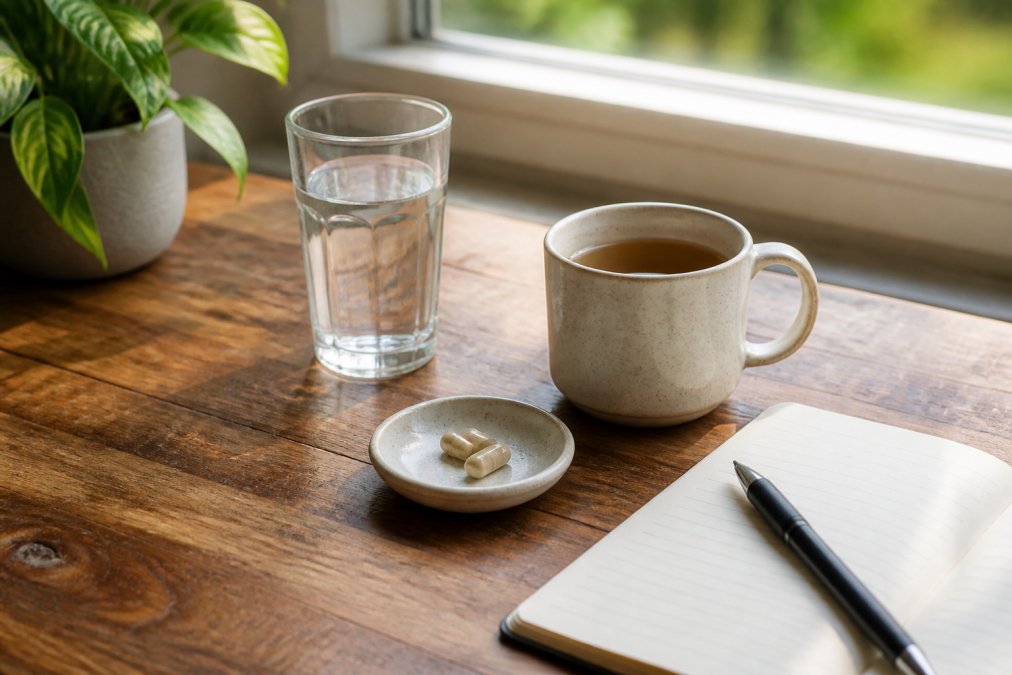 Vegan capsules next to a glass of water, notebook, and tea in a sunlit kitchen for a calm morning routine.