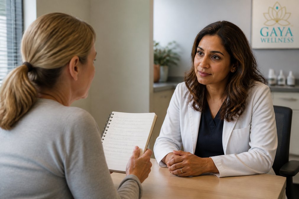 A woman in her 50s sitting across from a healthcare provider in a clinical office, holding a notebook with handwritten symptom notes, engaged in conversation with the provider who is listening attentively