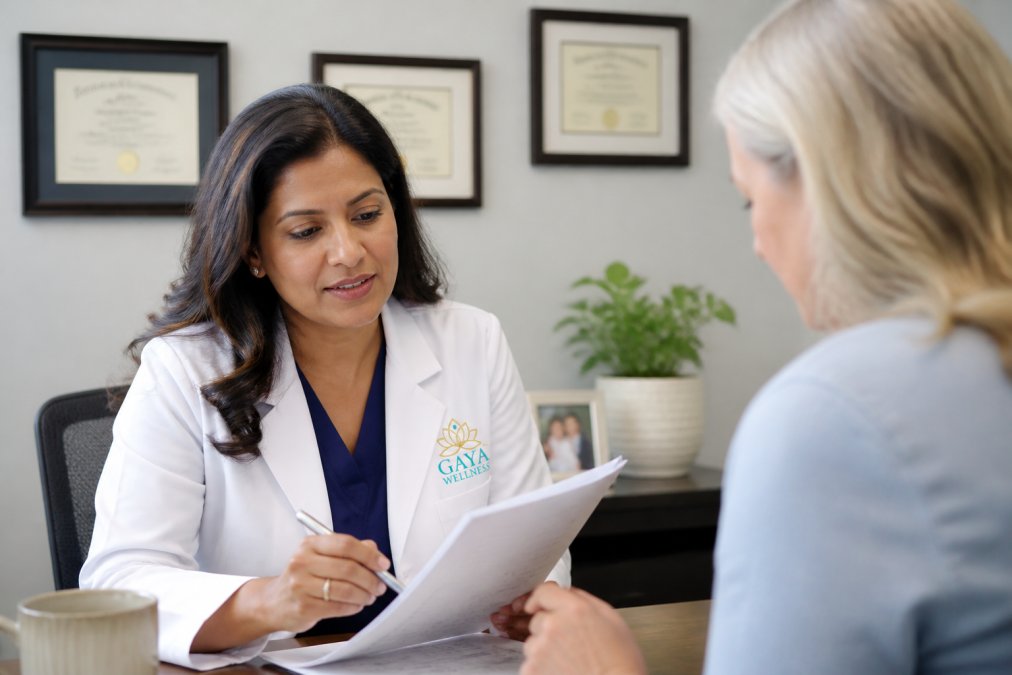 A board-certified female physician in a white coat reviewing patient charts at her desk in a modern medical office, with diplomas and certifications visible on the wall behind her