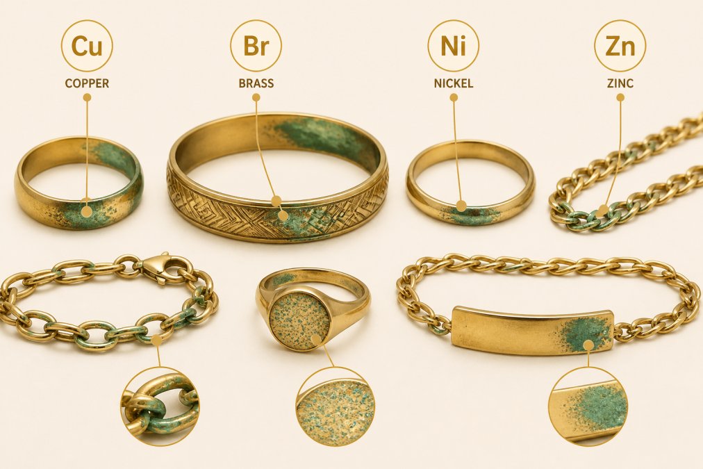 Close-up of several pieces of tarnished costume jewelry, rings, bracelets, and chains, showing green discoloration on metal surfaces, laid flat on a white surface under bright, even studio lighting