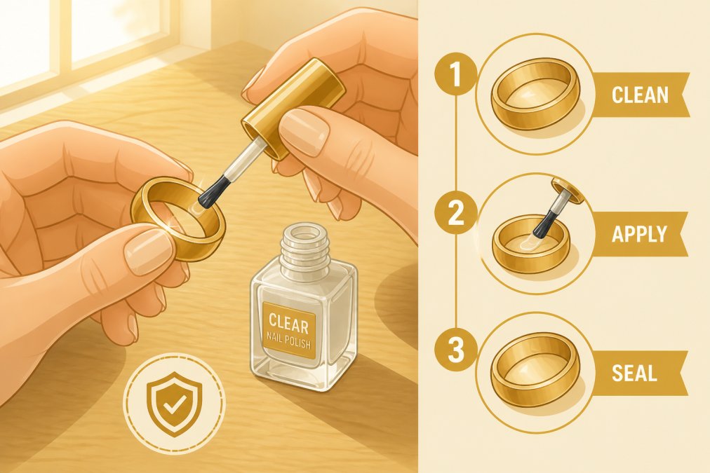Hands applying clear nail polish to the inside of a gold-toned ring on a clean wooden table, with a small bottle of clear nail polish visible nearby under warm natural window light