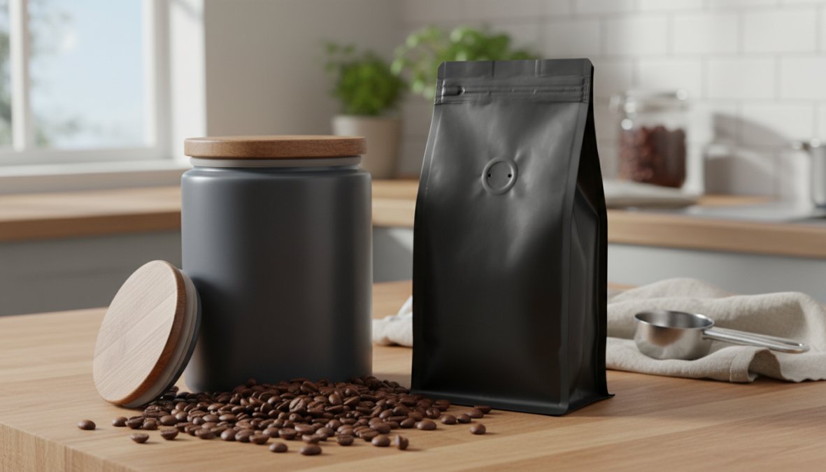 A clean kitchen countertop with an opaque airtight ceramic coffee canister and a sealed one-way valve bag placed side by side, whole coffee beans spilling from the canister, soft natural light from a window to the left