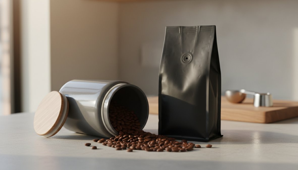 Close-up of freshly roasted dark coffee beans scattered on a worn wooden surface, visible surface oils catching warm afternoon light, thin wisps of steam rising from the beans