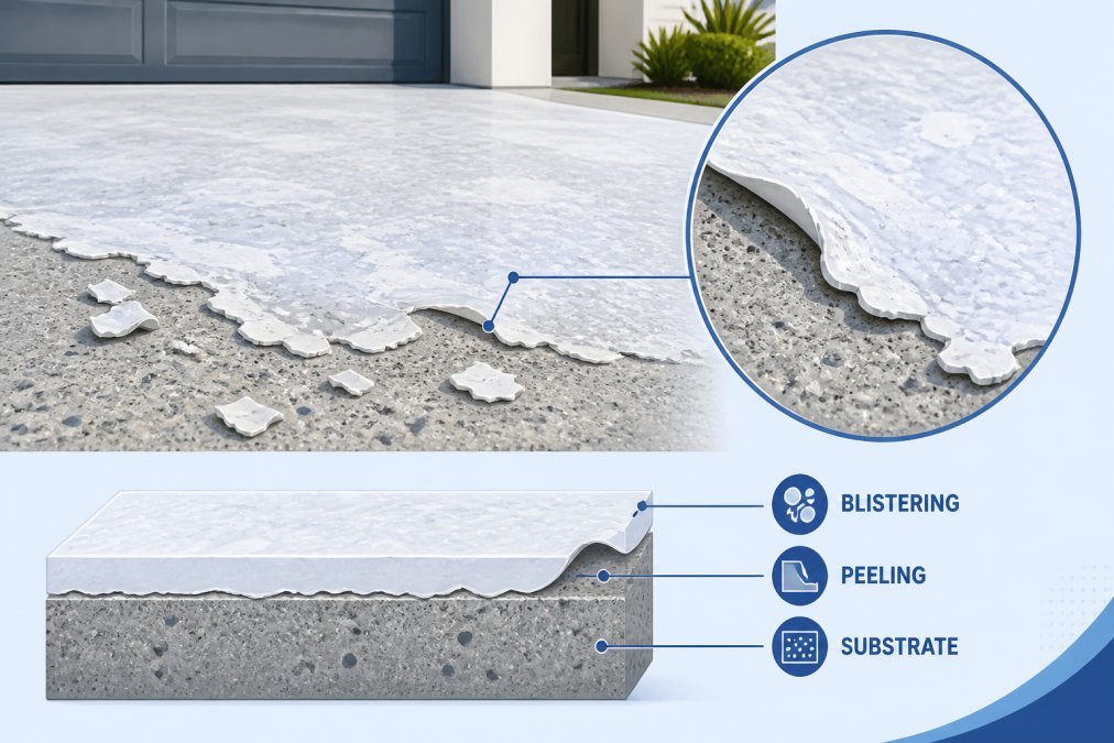 Close-up of a residential concrete driveway surface showing visible peeling, flaking, and milky white blistering of a failed sealer coating in bright natural daylight, with loose sealer fragments curling away from the substrate