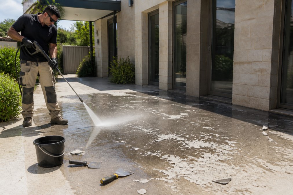 A tradesperson in work clothes and safety glasses using a pressure washer on a concrete patio surface outdoors in daylight, with visible flaking sealer residue and water pooling on the substrate