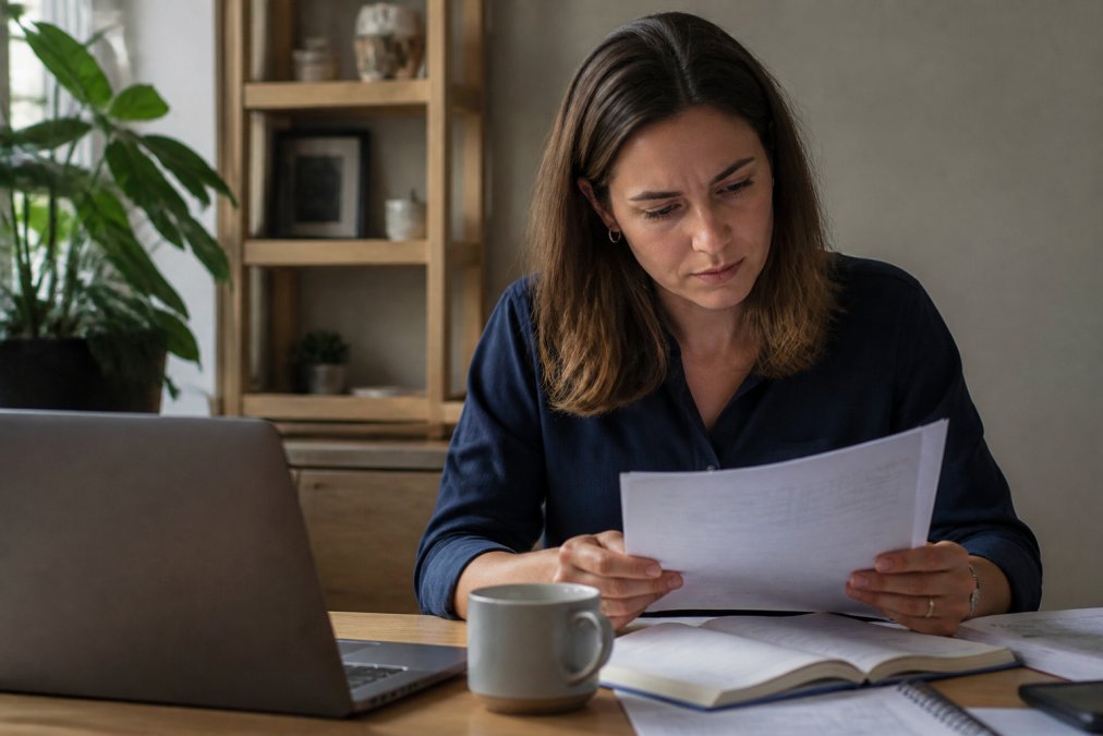 A person at a desk reviewing property documents with a laptop and a cup of tea, looking organised and focused
