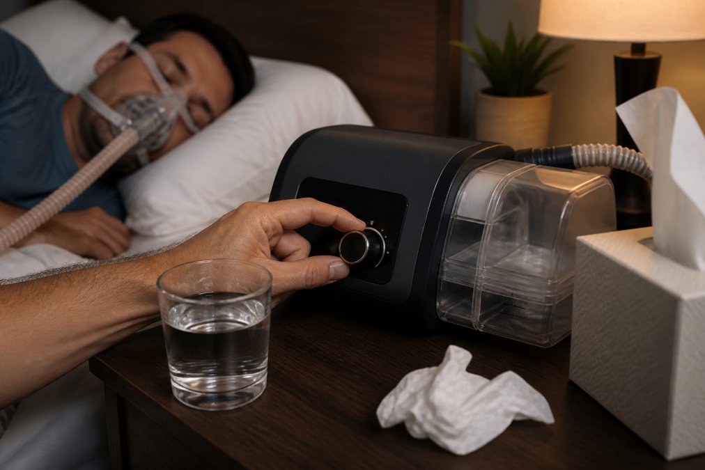 Person adjusting CPAP humidifier settings to address why does CPAP cause sinus congestion at night