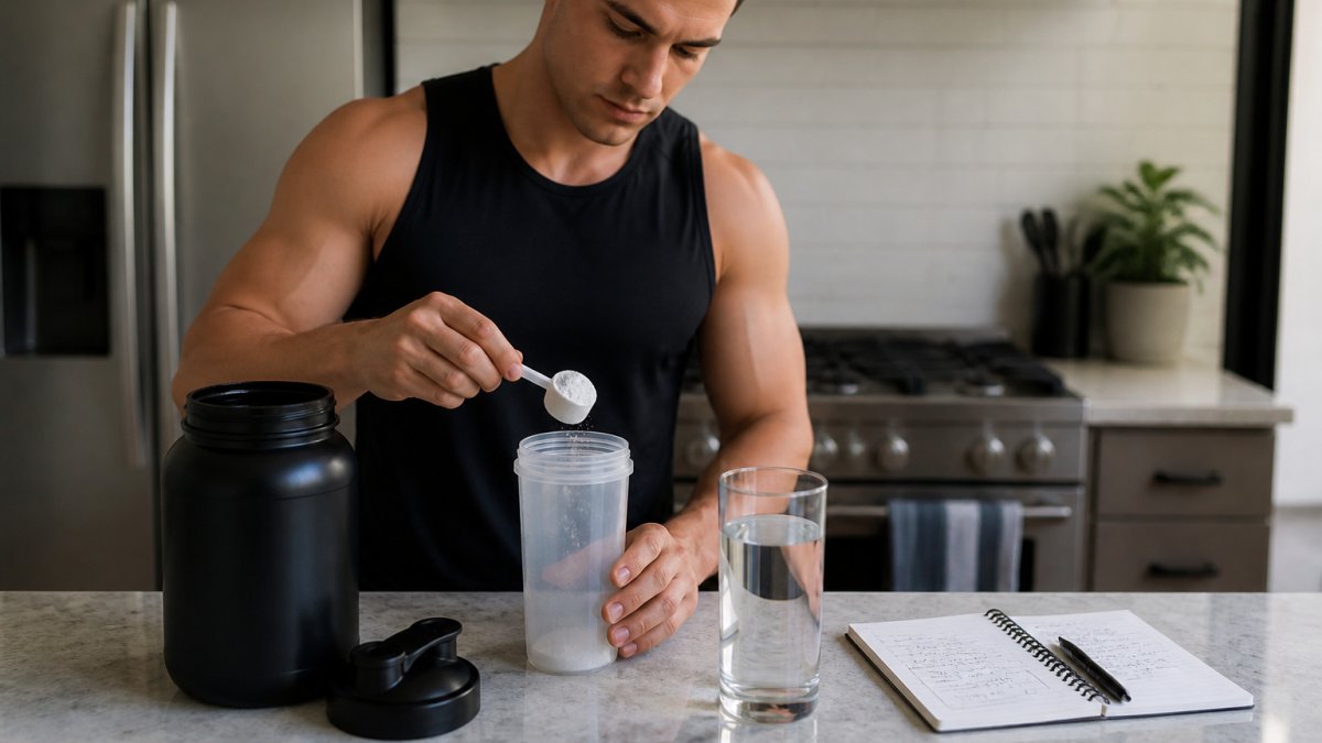 Step-by-step guide showing how to measure and prepare a daily creatine supplement serving in a shaker bottle