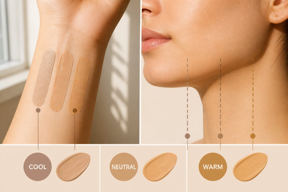 Close-up of a woman's wrist and jawline with three foundation swatches in slightly different shades tested side by side in natural daylight streaming through a window, showing subtle undertone differences between cool, neutral, and warm tones
